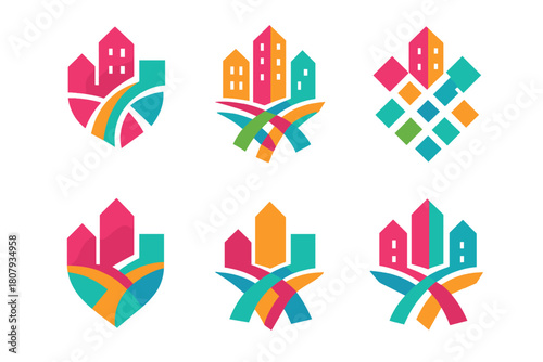 City Life Icons. Vibrant city life. Icon set. Set Logo of vibrant city life: stylized intersection symbolizing energy and connection. harmonious logo