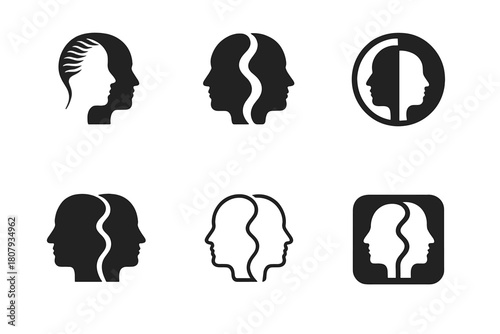 Duality Emblem Variations. Duality of mind. Icon set. Set Logo of Duality of mind: Abstract dual thought icon. harmonious logo variations of the same