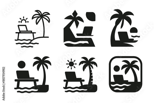 Digital Nomad Logos. Digital nomad lifestyle and travel work. Icon set. Set Logo of Digital nomad lifestyle and travel work: Vanlife camper with laptop.