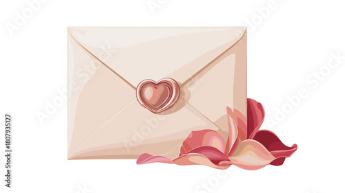 A romantic Valentine's Day envelope sealed with a heart-shaped wax seal and accompanied by delicate rose petals.