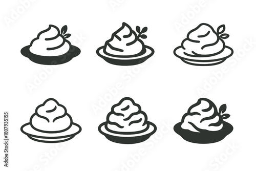 Mashed Potato Logos. Mashed potato mound. Icon set. Set Logo of mashed potato mound: serving spoon scooping mashed potatoes. harmonious logo variations of the