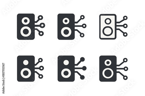 Music Technology Icons. The impact of technology on music. Icon set. Set Logo of The impact of technology on music: Speaker. harmonious logo variations of the