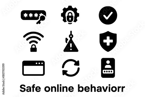 Safe Online Icons. Safe online behavior. Solid icon set of Safe online behavior: strong password, privacy settings, verified checkmark, padlock, secure WiFi,