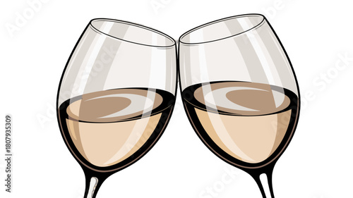 Two glasses of white wine clinking in a toast.