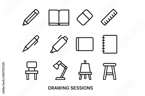 Drawing Tools Icon Set. Drawing sessions. Line icon set of drawing sessions: pencil, sketchbook, eraser, ruler, pen, marker, tablet, notebook, chair, lamp,