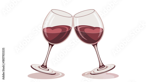 Two glasses of red wine clinking in a cheerful toast.