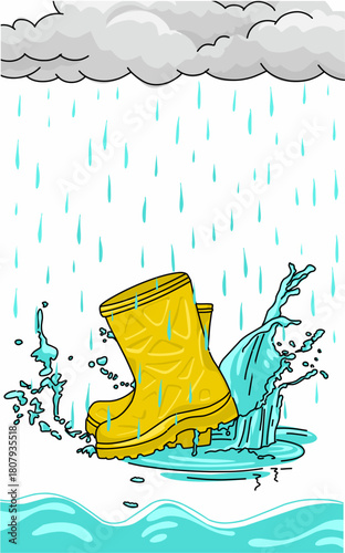 Yellow color rubber boots on Puddles of water during rainy days and cloudy