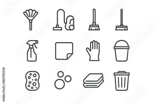 Home Cleaning Icons. Home Cleaning. Line icon set of Home Cleaning: duster, vacuum, broom, mop, spray bottle, cleaning cloth, hand glove, bucket, sponge, soap