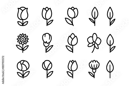 Flower Bud Icons. Flower buds. Line icon set of flower buds: rose bud, tulip bud, daisy bud, lily bud, sunflower bud, hibiscus bud, lotus bud, orchid bud,