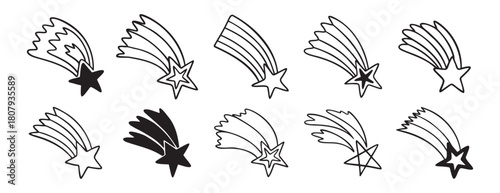 falling stars doodle hand drawn icon set. Outline drawing making a wish falling star line clipart symbol collection