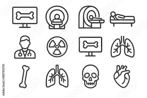 Medical Scan Icons. Radiological scan. Line icon set of radiological scan: x-ray, CT scanner, MRI machine, patient, hospital bed, doctor, radiation symbol,