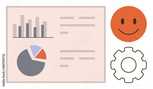 Bar and pie charts represent data visualization. happy face highlights positive outcomes, and gear symbolizes optimization. Ideal for analysis, performance, teamwork, process, goal-setting