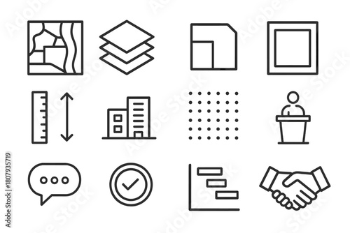 Urban Planning Icons. Urban expansion planning. Line icon set of Urban expansion planning: skyscraper, apartment building, road, bridge, house, construction