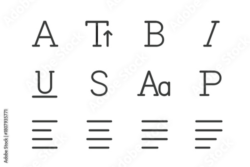 Typography Icon Set. Typography icons. Line icon set of Typography icons: font style, font size, bold text, italic text, underline, strikethrough, uppercase
