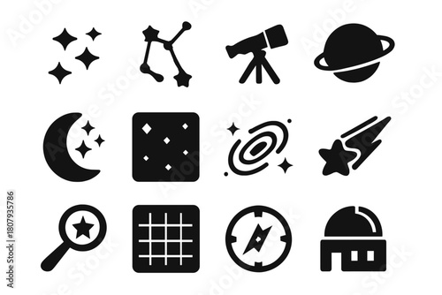 Star Map Icons. Star Map. Solid icon set of Star Map: stars, constellation lines, telescope, planet, moon, night sky, galaxy, shooting star, magnifying glass,