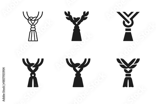 Curtain Tieback Logos. Curtain tieback. Icon set. Set Logo of curtain tieback: crystal knob medallion. harmonious logo variations of the same emblematic