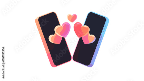 Two phones are connected with loving hearts.