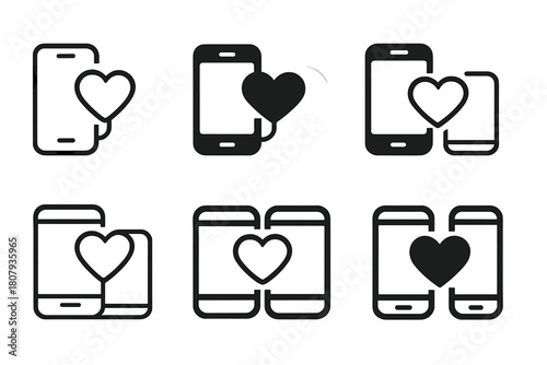Heart Connection Icons. First date experiences. Icon set. Set Logo of connection: two hearts linked by a line. harmonious logo variations of the same