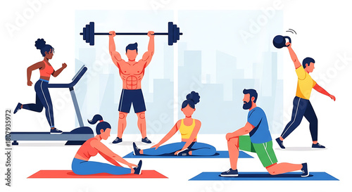A diverse group of people performing various exercises in a modern gym setting, including running, weightlifting, stretching, and kettlebell swings.