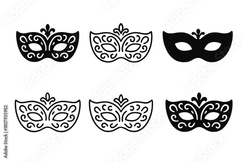 Masquerade Mask Icons. Masquerade mask. Icon set. Set Logo of Masquerade mask: Full-face ornate mask. harmonious logo variations of the same emblematic