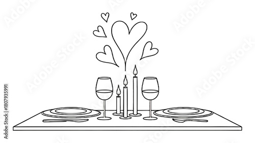 Romantic table setting for a special dinner, complete with candles, glasses, and heart-shaped elements.