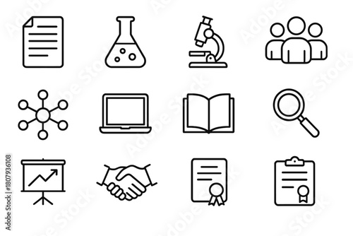 Joint Research Icons. Joint research projects. Line icon set of Joint research projects: research paper, laboratory flask, microscope, group of people, network