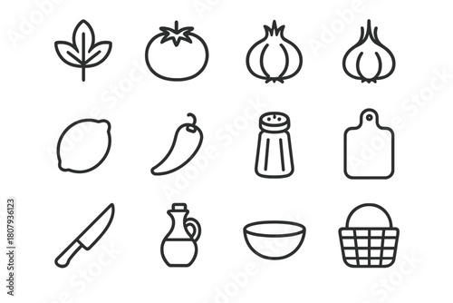 Fresh Ingredient Icons. Fresh Ingredients. Line icon set of Fresh Ingredients: herb leaf, tomato, onion, garlic, lemon, pepper, salt shaker, cutting board,