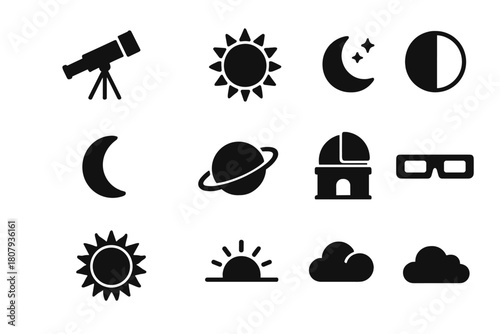 Eclipse Icon Set. Eclipse. Solid icon set of Eclipse: sun, moon, solar corona, shadow, telescope, stars, crescent moon, planet, observatory, eclipse glasses,