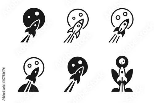 Lunar Exploration Logos. Lunar exploration and moon missions. Icon set. Set Logo of Lunar Exploration: moon and orbiting spacecraft. harmonious logo variations