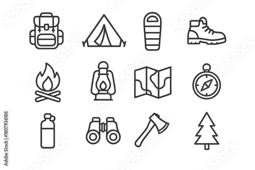 Backpacking Icons Collection. Backpacking adventure. Line icon set of Backpacking adventure: backpack, tent, sleeping bag, hiking boots, campfire, lantern,