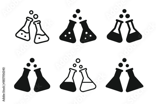 Chemical Icons Set. Substances. Icon set. Set Logo of Substances: Chemical reaction icon. harmonious logo variations of the same emblematic concept, each with
