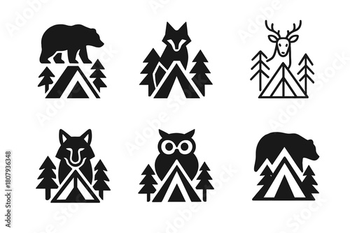 Camping Adventure Logos. Group camping adventures. Icon set. Set Logo of group camping adventures: canoes by a lakeside camp with mountains. harmonious logo