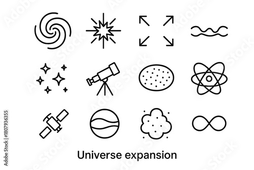 Cosmic Icon Set. Cosmic microwave background. Line icon set of cosmic microwave background: wave map, radiation pattern, frequency lines, satellite sensor,