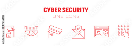 Minimalist ciber security line icon set with editable stroke, featuring threats, security warning, email virus, secure, code issue, data encription, verification, data leak, online, etc. illustration.