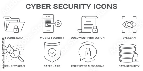 Cyber security icon set. Data protection related line icons: hacker, password, spam, antivirus, padlock, virus threat, phishing, firewall and more. Editable stroke. Vector illustration.