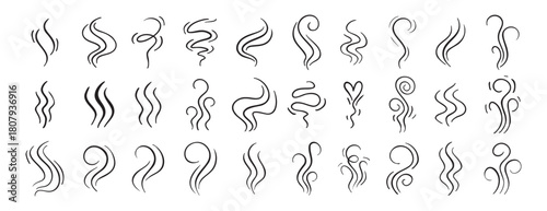 Fire steam or Line smoke doodle hand drawn set. smell waves from food or coffee and beverages sketch style.
