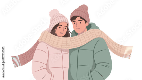 A tender moment of two people wrapped in a scarf, embracing the warmth of winter.
