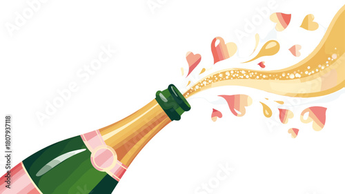 Champagne bottle popping with love hearts flowing.