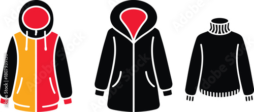 Set Of Winter Outerwear Icons  Vector, Jacket, Parka, and Turtleneck Sweater Graphic