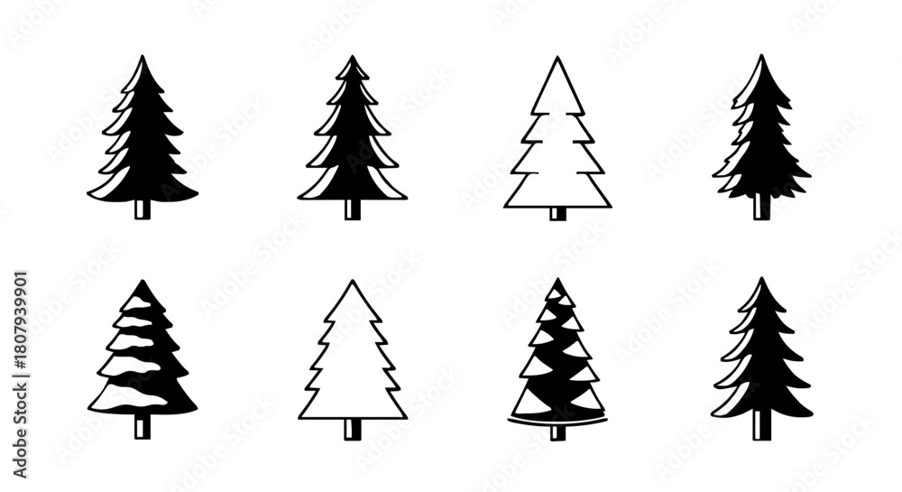 Obraz premium Set of eight vector icons of pine tree