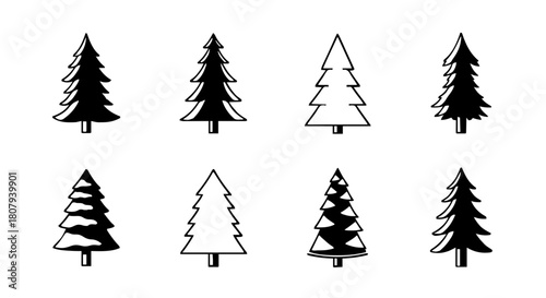 Set of eight vector icons of pine tree