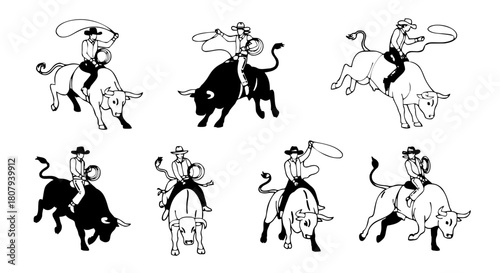 Set of cowboys riding a bull on rodeo