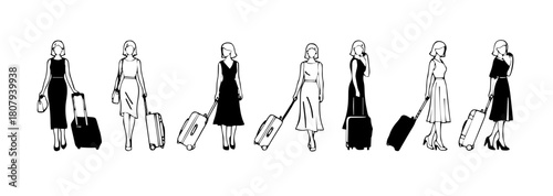 Set of vectors of woman with travel suitcase