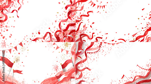 Festive watercolor illustration of red ribbons confetti streamers bunting and celebratory elements in dynamic motion. Ideal for party themes holidays events invitations and joyful design.