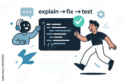 AI Code Optimizer. AI Assistants ? Code Helper. The bot highlights a neat code block while a green check appears; arrows label ?explain > fix > test?. Caption