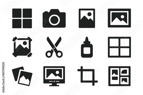 Photo Collage Icons. Photo collage. Solid icon set of Photo collage: photo grid, camera, printed picture, photo frame, tape corners, cutout scissors, glue,