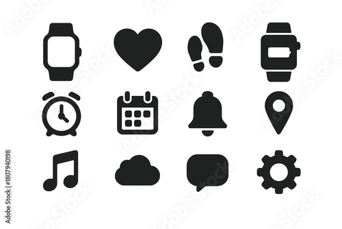 Smart Watch Icon Set. Smart watches. Solid icon set of Smart watches: smartwatch, heart rate, step counter, battery, alarm, calendar, notifications, GPS,