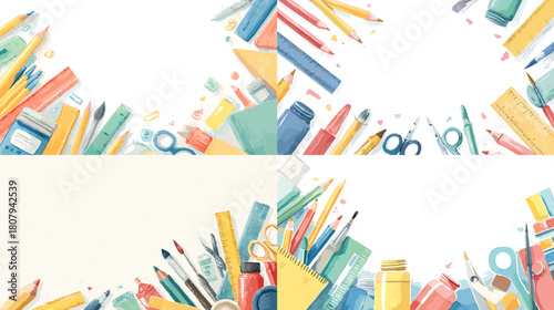 Watercolor illustration of colorful school supplies including pencils rulers scissors notebooks and stationery arranged in decorative borders. Perfect for education themes back to school and classroom