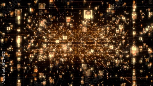 moving through the searching stream of shining people portraits linked by orange colored network grid in social network. Artificial intelligence concept for business, communications, technology