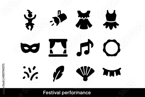 Festival Performance Icons. Festival performance. Solid icon set of Festival performance: dancer, spotlight, drum, costume, mask, stage, music note,